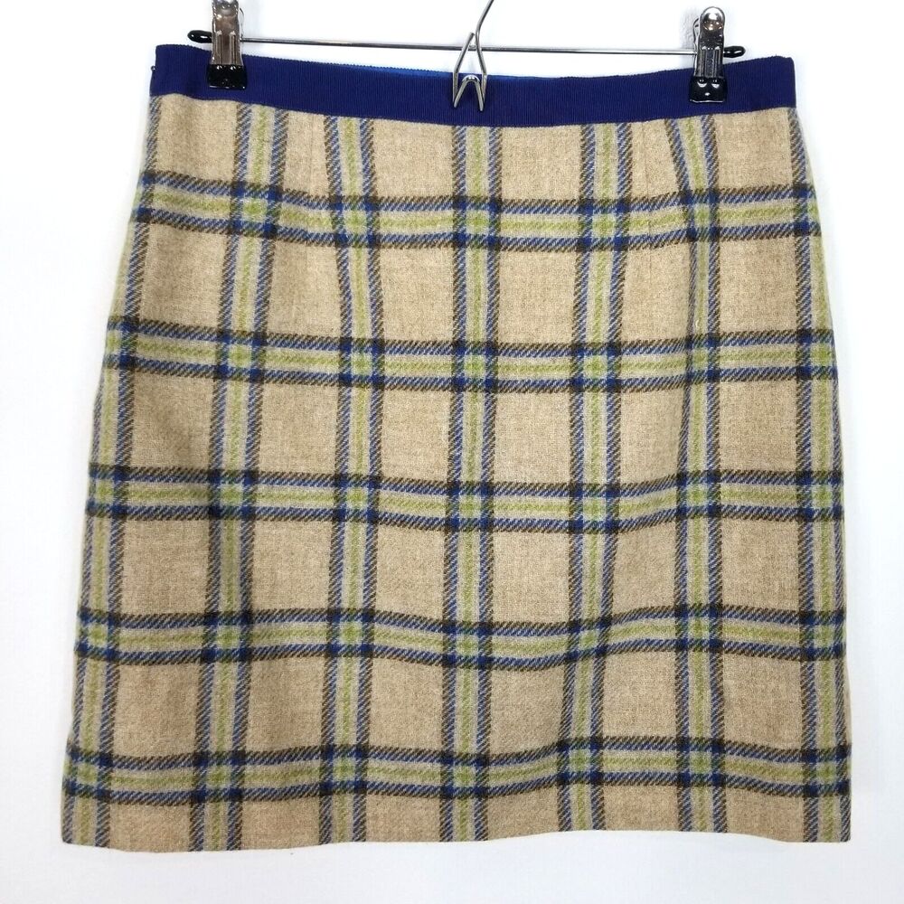 Boden British Tweed Women Beige Green Blue Plaid Mini Skirt Sz 8R Academia